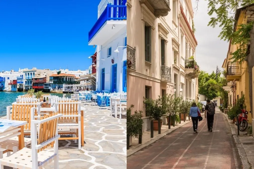 A collage showing a street in Athens and a traditional road on a Greek island